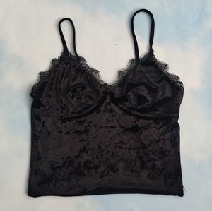 Black Velvet Crop Tank Top Lace V-Neck Cami Top, Lace & Velvet Tank Top
